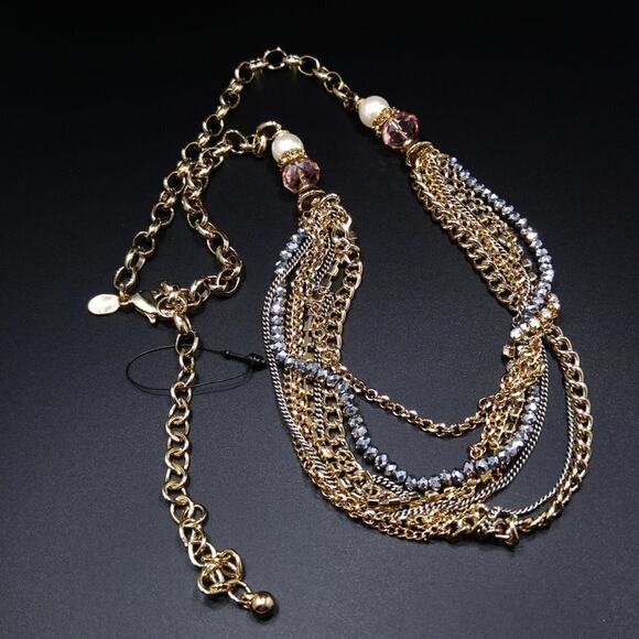 Chico's Pink Crystal Faux Pearl Multi-Strand Chain Necklace, 27 Inches - Picture 7 of 12